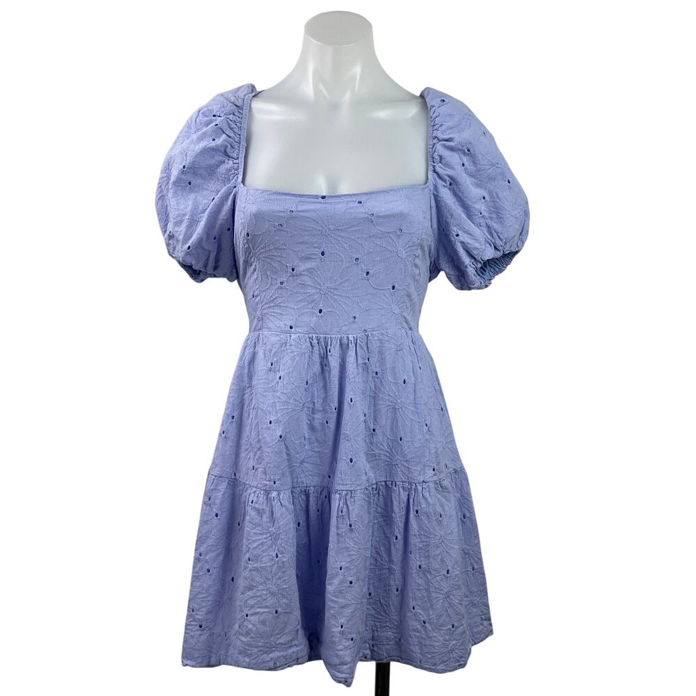 Do+Be Blue Embroidered Eyelet Short Fuff Sleeve Tiered Mini Fit & Flare Dress L